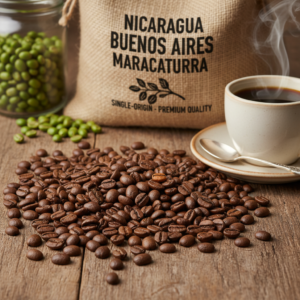 Nicaragua Buenos Aires Maracaturra. Toffee and molasses. Chocolate covered almonds and a satisfying mouthfeel and gentle acidity.